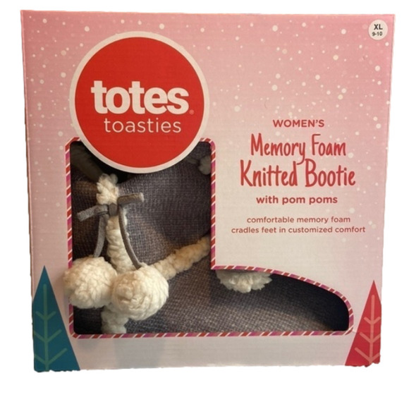 NWT 𝅺Totes toasties Women’s Memory Foam Knitted Bootie with Pom Poms XL 9-10 - Picture 1 of 3